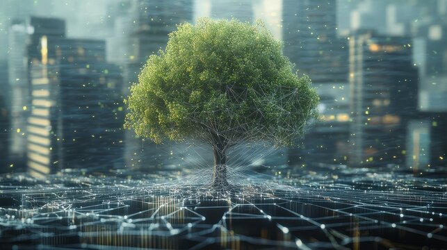 A tree is growing in the middle of a city. The tree is surrounded by a network of lines, which gives the impression of a futuristic cityscape. Concept of hope and growth.