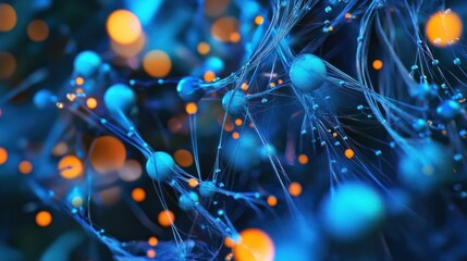 A vibrant web of blue nodes and connecting lines reflects a digital technology theme, showcasing depth and connectivity in an abstract design.