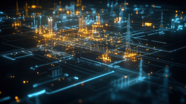 A virtual map showing the connectivity and health of different components within a smart grid, including transmission lines and substations, using glowing lines and nodes to represent the network.