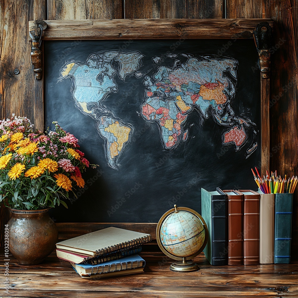 Poster empty blackboard background adorned with colorful chalk outlines of classroom essentials like globes
