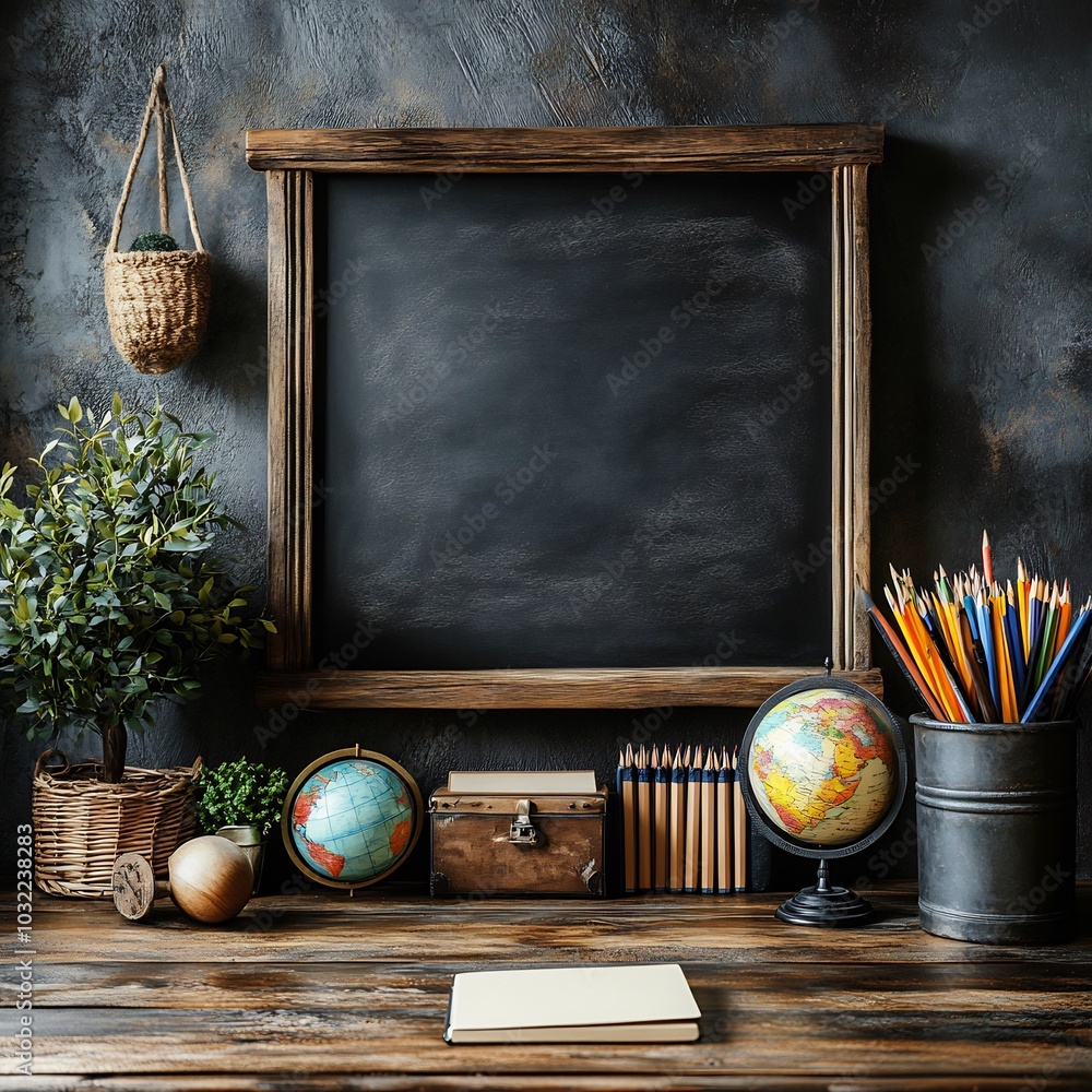 Poster empty blackboard background adorned with colorful chalk outlines of classroom essentials like globes
