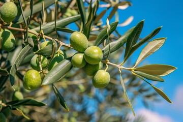 Close up of green olive fruits and leaves growing on a tree branch in an orchard