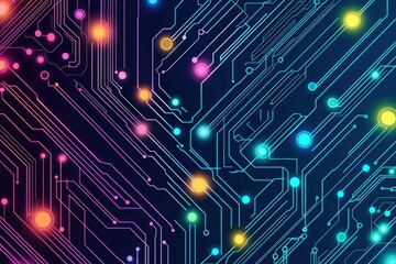 Obraz premium A vibrant abstract design featuring circuit patterns and colorful lights, representing technology and digital innovation.