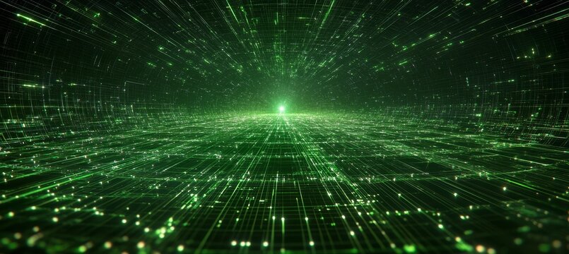 Abstract Green Technology Background, Digital Data Tunnel, Cyberspace Concept with Glowing Particles