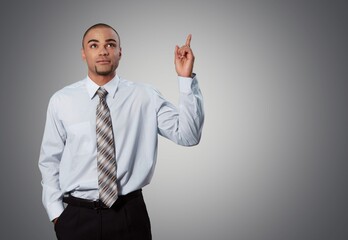 Adult successful employee businessman pointing hand