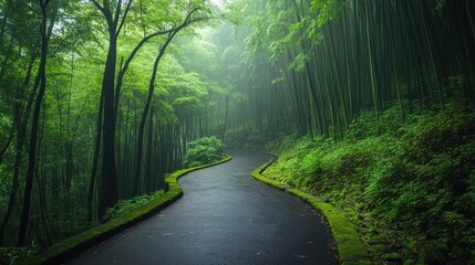Obraz premium A winding road leads through a dense bamboo forest, shrouded in mist and surrounded by lush greenery