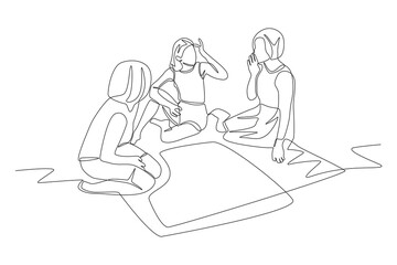 Three friends gossiping at a picnic. Picnic gathering concept one-line drawing