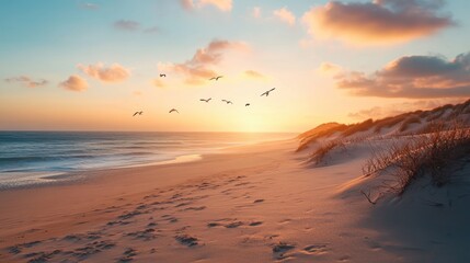 Sunset Over Sandy Beach with Flying Birds