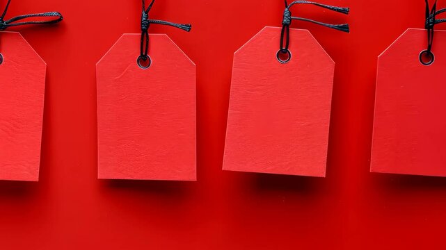 Red price tags with black strings on a matching red background, retail and marketing concept.