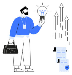 Man with beard in blue sweater holding light bulb, signifying innovation and ideas. Holding briefcase, indicating professionalism. Documents with checkmarks and arrows pointing upward, symbolizing