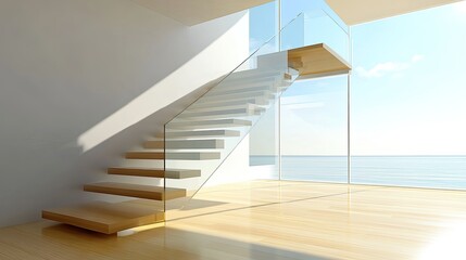 Obraz premium Modern Glass Staircase with Ocean View