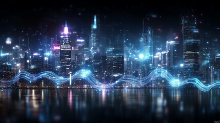 Obraz premium Futuristic cityscape with glowing neon lights and reflections on water, showcasing modern technology and urban innovation at night.