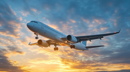 Fototapeta premium Large aircraft flying in the sky at sunset, tourism business travel