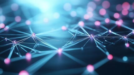 Futuristic digital network concept with glowing nodes and lines, representing data exchange, technology, and modern communication.