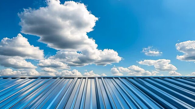Blue metal roof under cloudy sky, architectural detail. Modern construction and environmental concept.