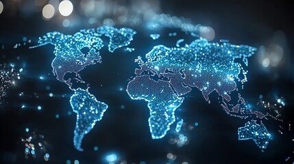 Glowing digital world map with blue neon lights, illustrating global network connections and futuristic technology.