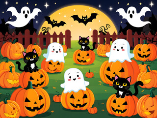 A whimsical Halloween gathering with playful cats, friendly ghosts, and cheerful pumpkins in a moonlit pumpkin patch
