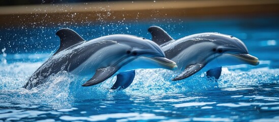 Obraz premium Two dolphins jump out of the water, creating a splash.