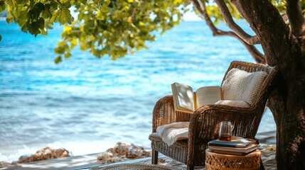 Tranquil beachside reading spot under tree with cozy armchair and ocean view, embracing water wellness
