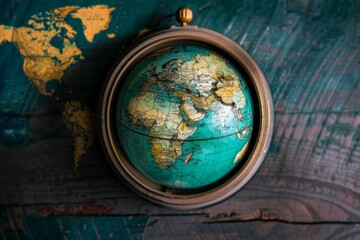 Fototapeta premium Vintage globe with a focus on africa, europe and asia, displayed on a world map background