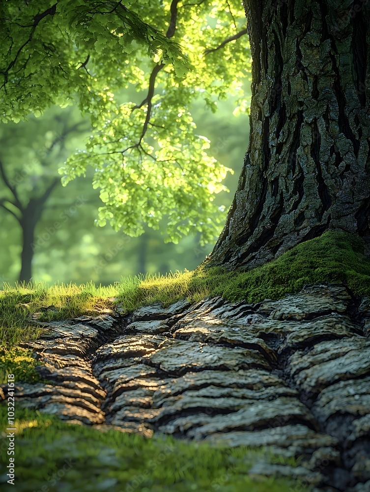 Poster sunlight streams through the leaves of a large tree, illuminating the intricate patterns of its bark
