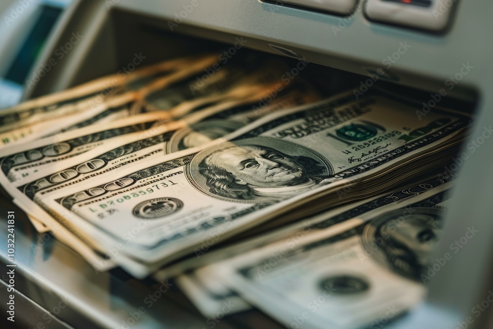 Poster stack of one hundred us dollar bills is being counted by a currency counting machine