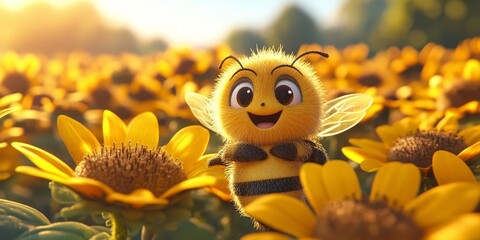 Bees pollinate food crops cute 3d anime style. bee sunflower, Generative AI