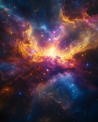 A vibrant nebula bursts with color, a dazzling display of cosmic gas and dust.
