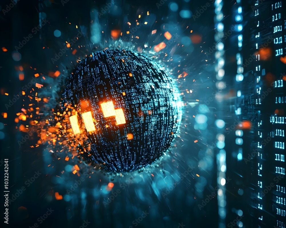 Poster digital bomb explosion shattered binary storm symbolizing cyber attack concept