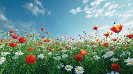 Vibrant Meadow with Colorful Poppies and Daisies