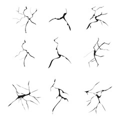 Cracked glass, wall, egg, fissures in ground top view. Set concrete, crevices from disaster, surface from earthquake, Ruined breaked land surface doodle, hand drawn