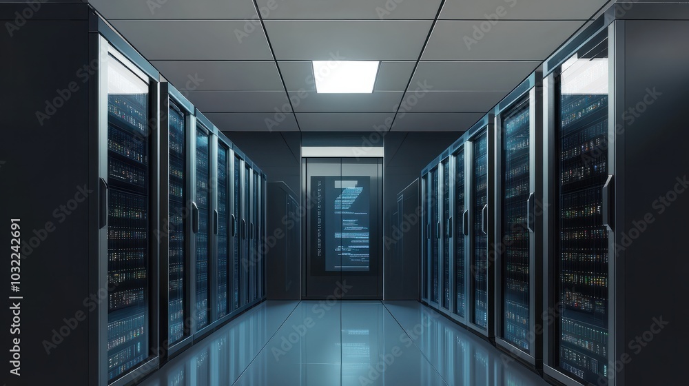 Poster cloud computing network infrastructure: data center and server room illustration