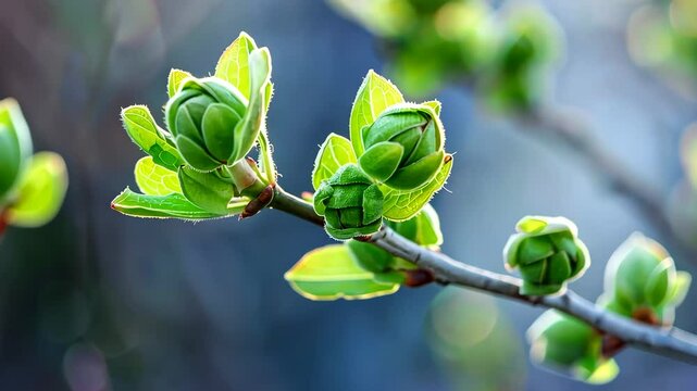 Close-up of budding leaves on a branch in springtime, nature renewal concept.