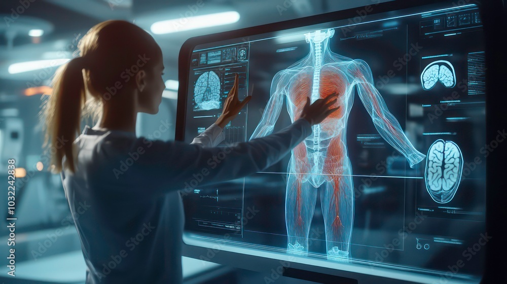 Poster a female scientist interacts with a large touch screen display showing a digital human body with hig