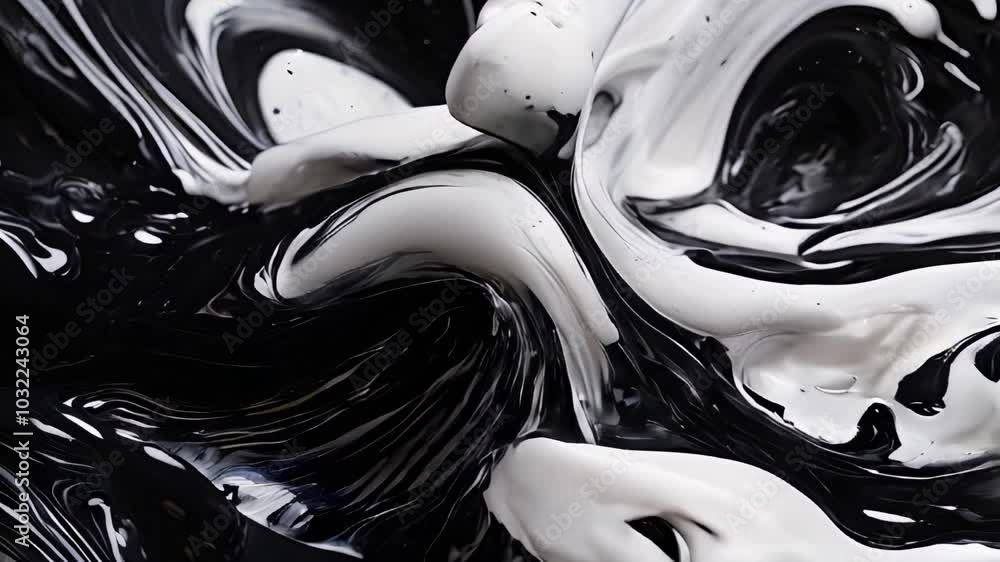 Poster abstract black and white fluid art with marble texture and flowing patterns.