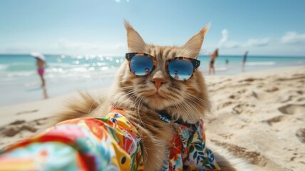 A stylish cat wearing sunglasses and a Hawaiian shirt takes a selfie on a sunny beach, with ocean waves in the background.