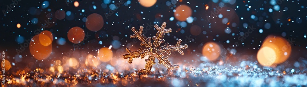 Poster christmas background, a sparkling snowflake on a shimmering surface with colorful bokeh lights.