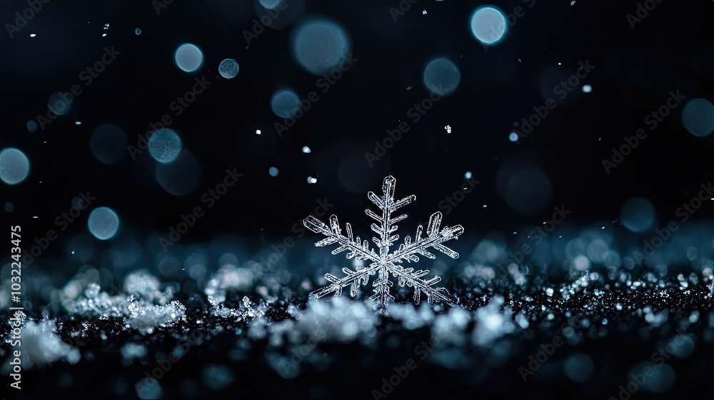 Poster christmas background, close-up of a single snowflake against a dark background with shimmering bokeh