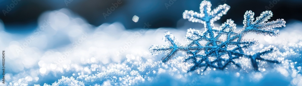 Poster christmas background, close-up of a snowflake resting on a soft layer of snow, white isolated backgr