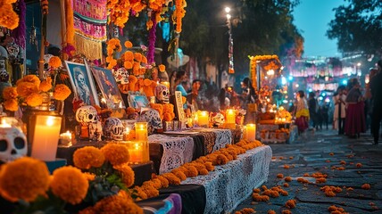 A vibrant Day of the Dead scene in Mexico, featuring traditional altars, colorful sugar skulls, marigolds, and candles in a festive atmosphere