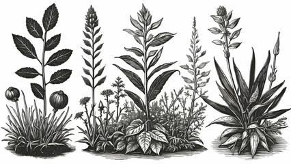 Vintage Botanical Illustration: Three detailed engravings of distinct plant species, showcasing intricate leaves, stems, and flowers, a timeless representation of nature's beauty.  