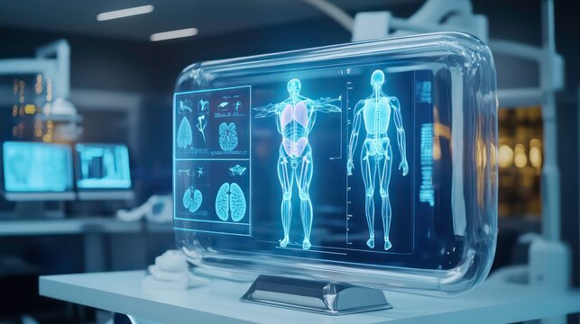 Futuristic medical display showing human anatomy with digital overlays in a modern clinic setting.