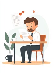 Fototapeta premium Animated businessman pondering at desk with documents, plant, and coffee cup.