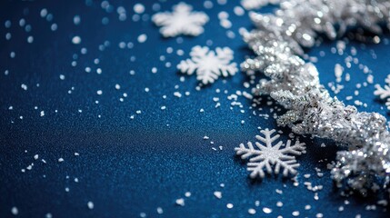 Fototapeta premium Christmas Background, Snowflakes and silver decorations on a blue background for festive occasions.
