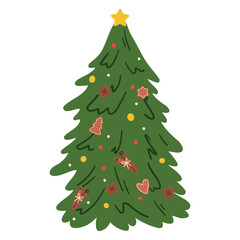 Christmas tree isolated on white background. Christmas tree with toys. Christmas decorations. Vector illustration in doodle style.