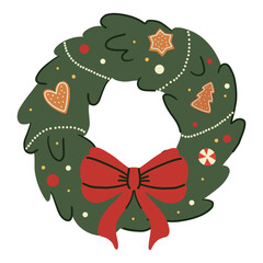 Christmas wreath with red bow. Vector illustration in flat style.