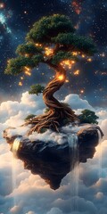 A magical floating island with a glowing tree and cascading waterfalls against a backdrop of twinkling stars.