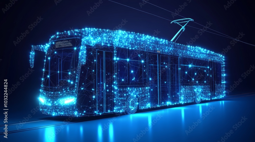 Poster digital tram on blue technology background. abstract light rail icon in lines and connected dots