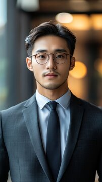 Young Asian businessman in formal wear portrait of confident businessman in office professional business attire, emphasizing confidence and success, Generative AI