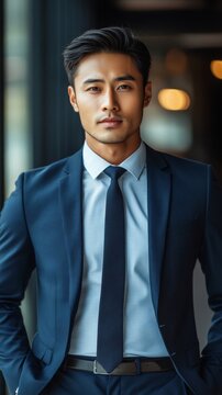 Young Asian businessman in formal wear portrait of confident businessman in office professional business attire, emphasizing confidence and success, Generative AI
